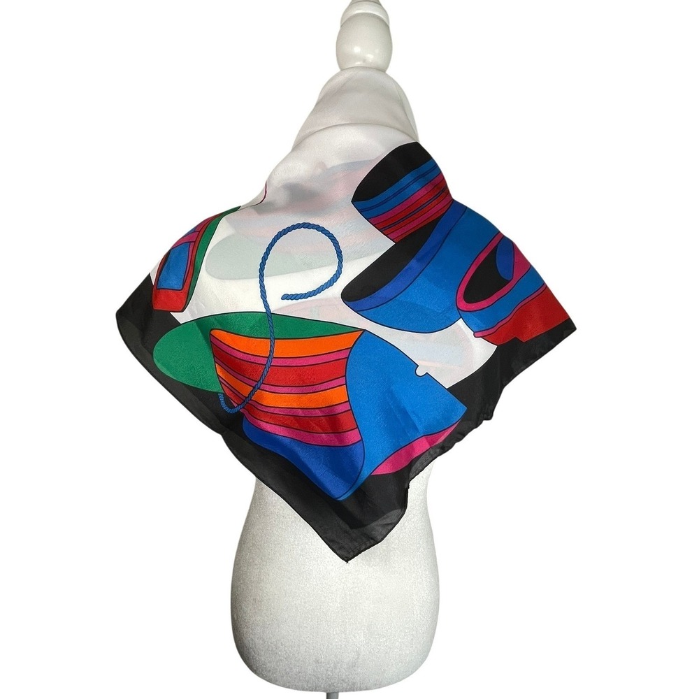 Vintage 1992 Liz Claiborne Nautical Boat Print Square Scarf Blue Green 31x31 - Picture 5 of 13